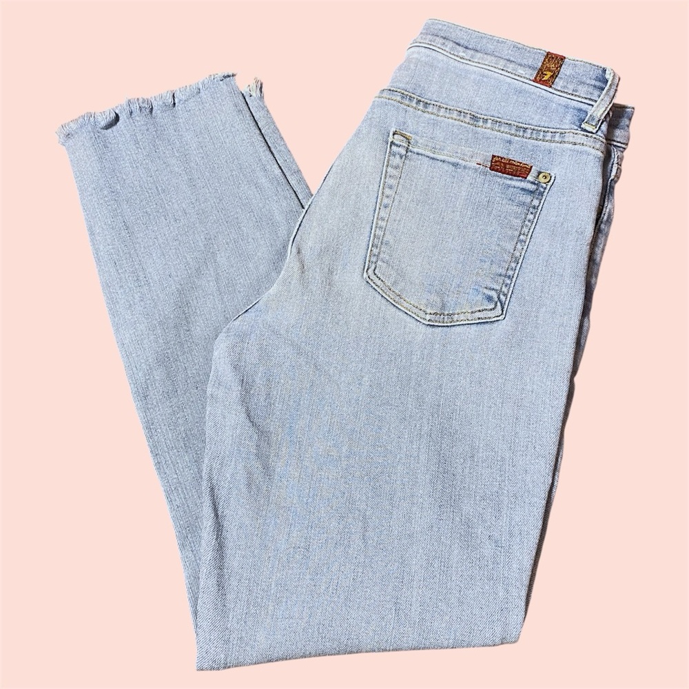 7 For All Mankind Light Wash Straight Leg Ankle Jeans w Raw Hem
